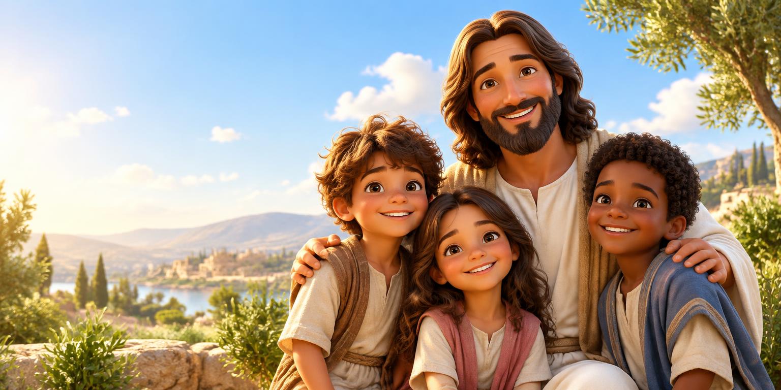 Jesus com crianças em uma paisagem bíblica